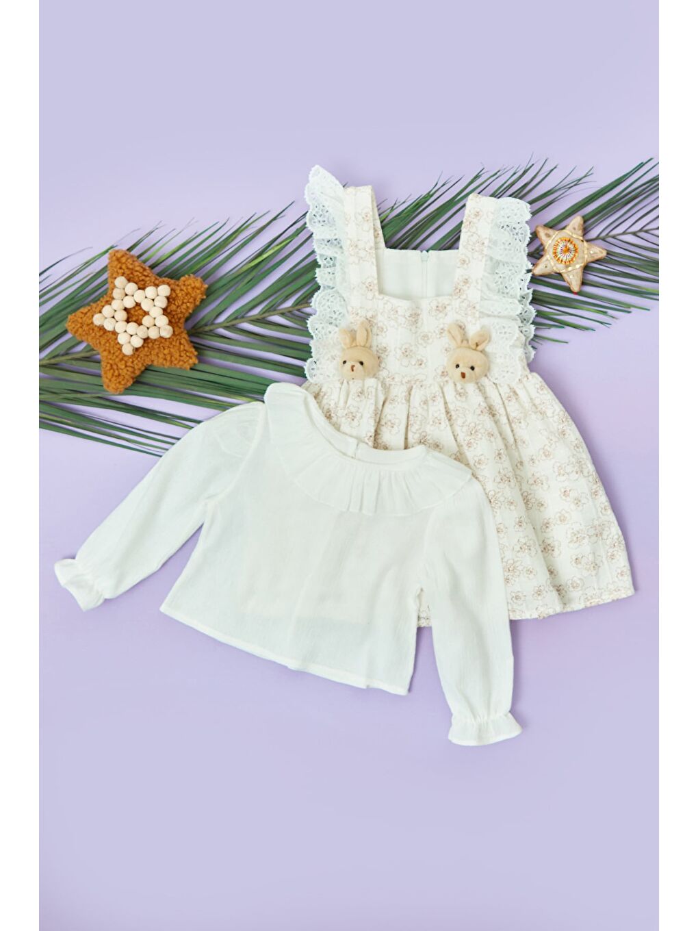 Beyaz Tavşan Aksesuar Detaylı Gömlekli Kız Çocuk Elbise-3