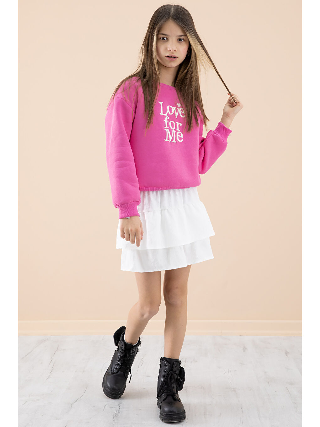 Pembe Şardonlu Kız Çocuk Etekli Takım 20250-1