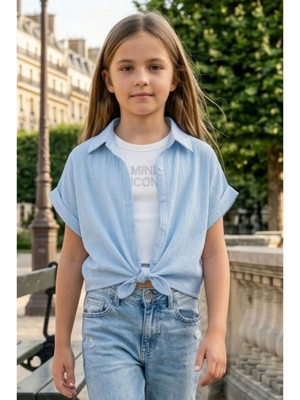 Mavi Kız Çocuk Crop Taşlı Gömlek Body İkili Takım-1