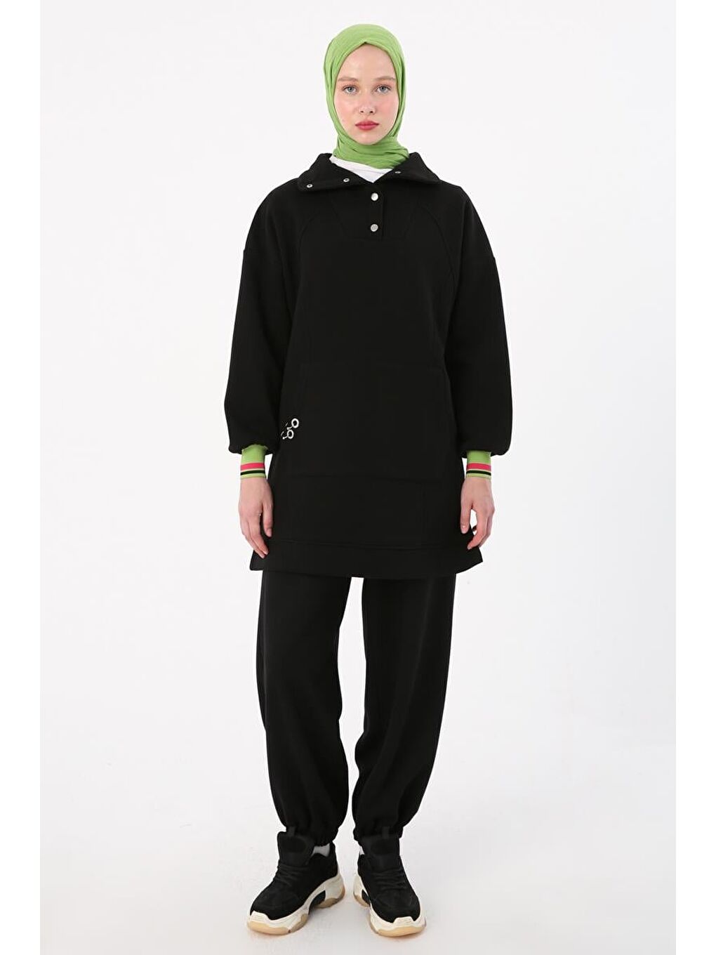 Siyah-Çıtçıt Yakalı Ribana Detaylı Şardonlu Sweat Tunik-1