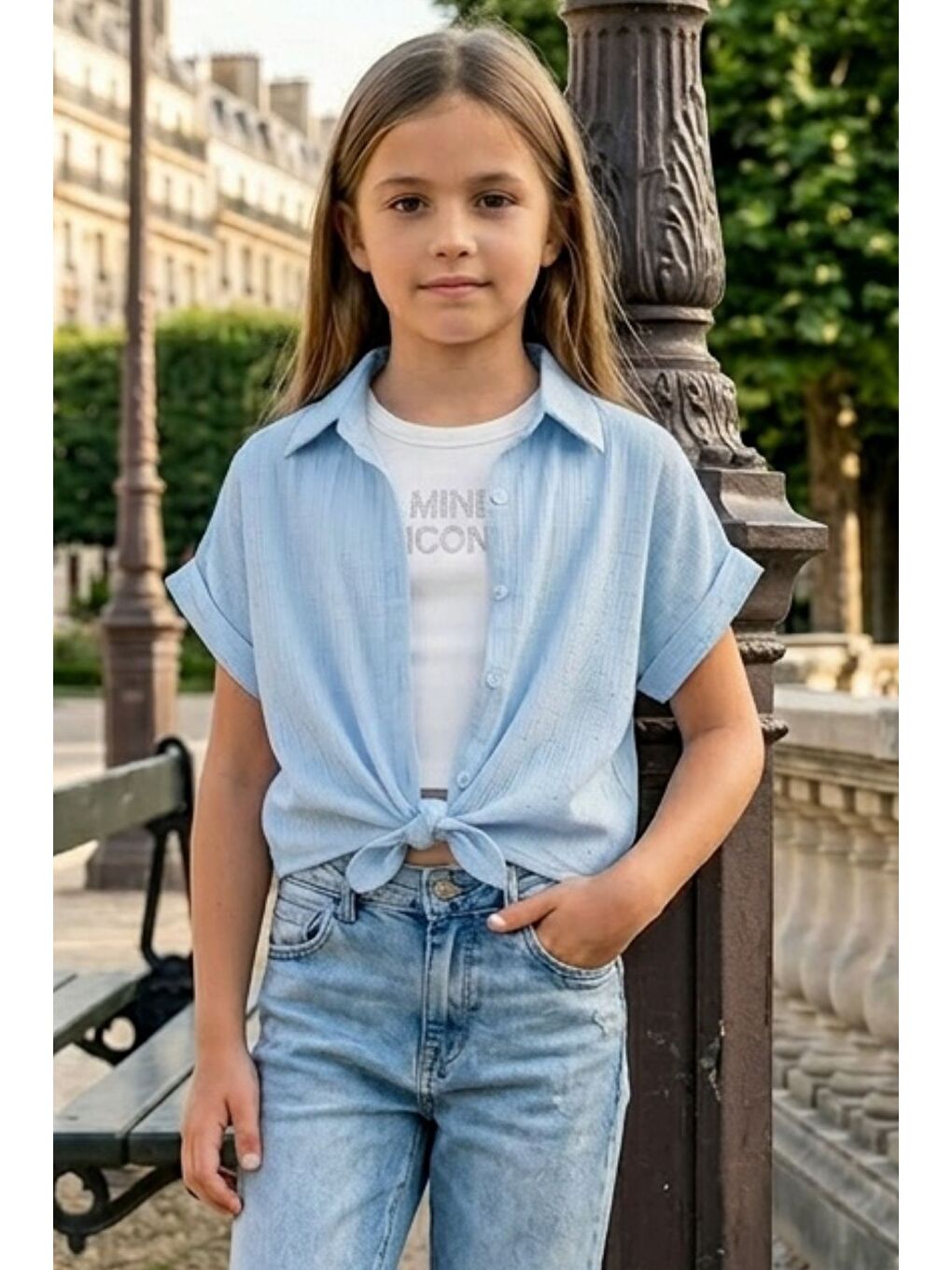 Mavi Kız Çocuk Crop Taşlı Gömlek Body İkili Takım-2
