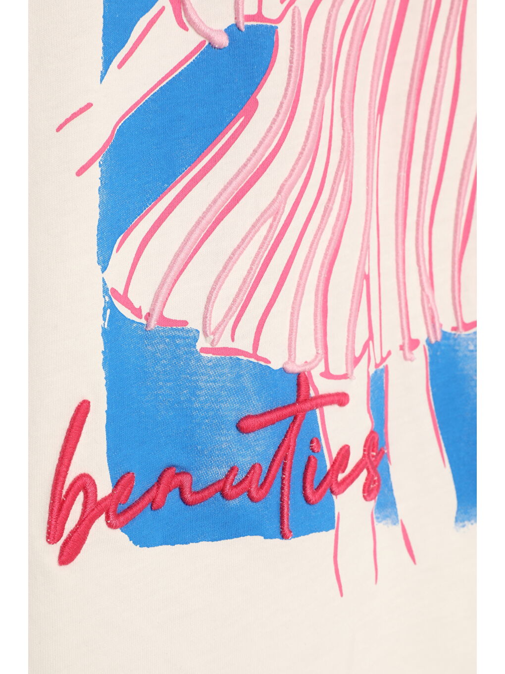 Nakış Yazılı Baskılı Kısa Kol Tişört Ekru-2