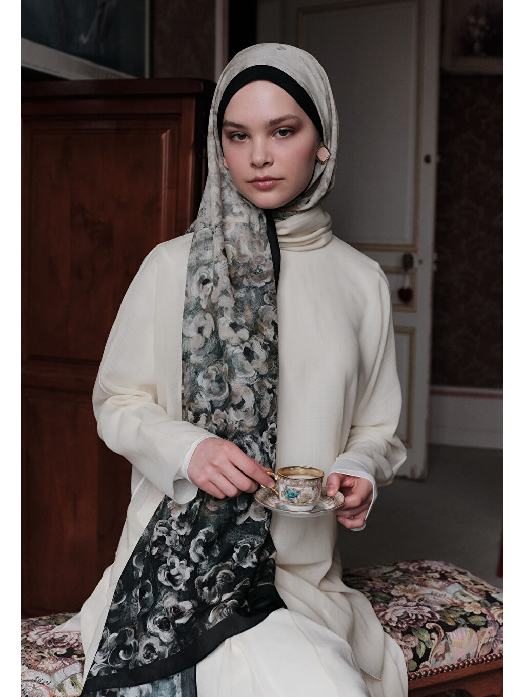 Yeşil PEARLIE DESENLİ PAMUK VİSKON ŞAL KOYU YEŞİL-1