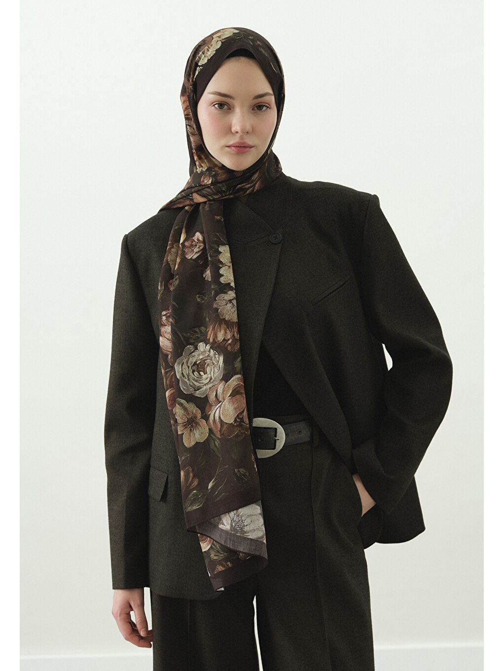 Kahverengi ROSINE DESENLİ PAMUK VİSKON ŞAL KAHVE