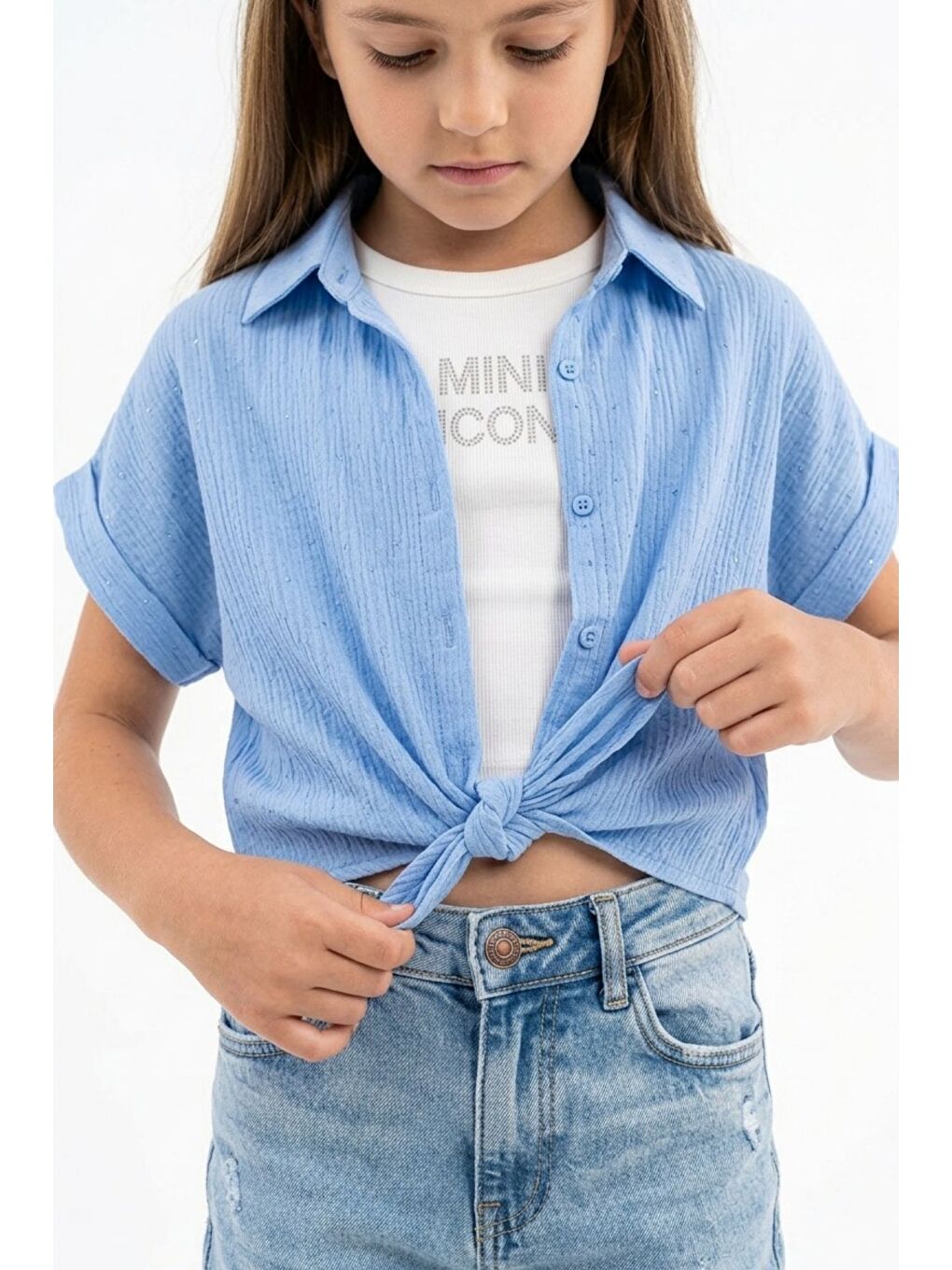 Mavi Kız Çocuk Crop Taşlı Gömlek Body İkili Takım-4