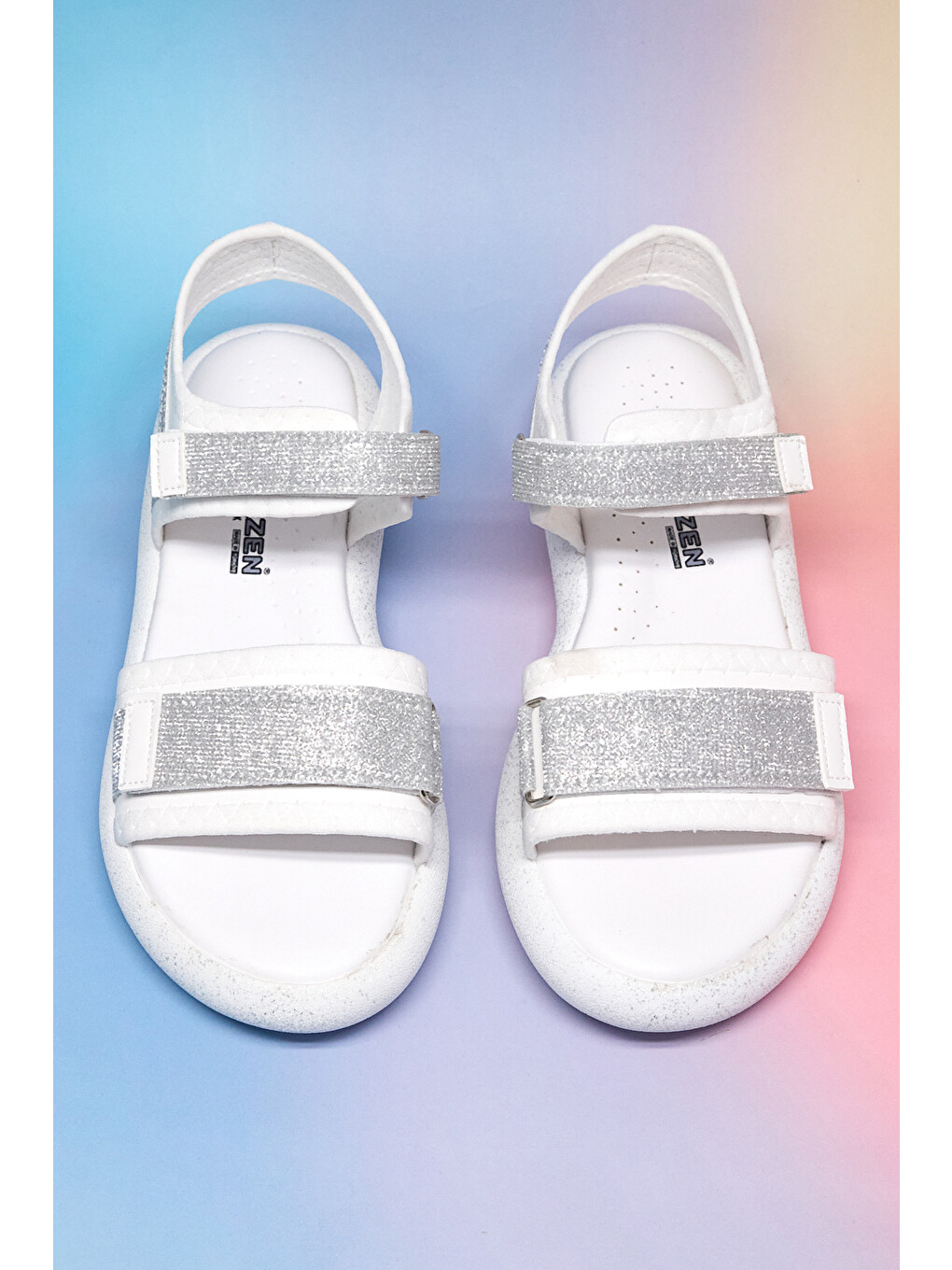 Çocuk Unisex Beyaz Gümüş Simli Çocuk Çift Cırtlı Simli Sandalet-3