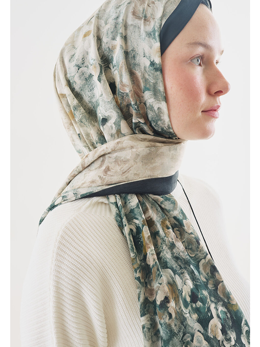 Yeşil PEARLIE DESENLİ PAMUK VİSKON ŞAL KOYU YEŞİL-2