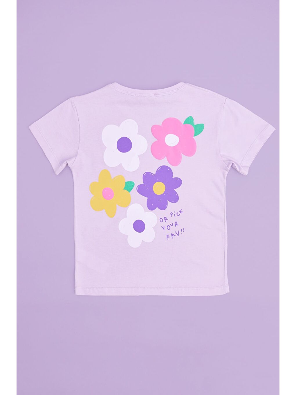 Lila Çiçek Baskılı Bisiklet Yaka Kız Çocuk Tişört-1