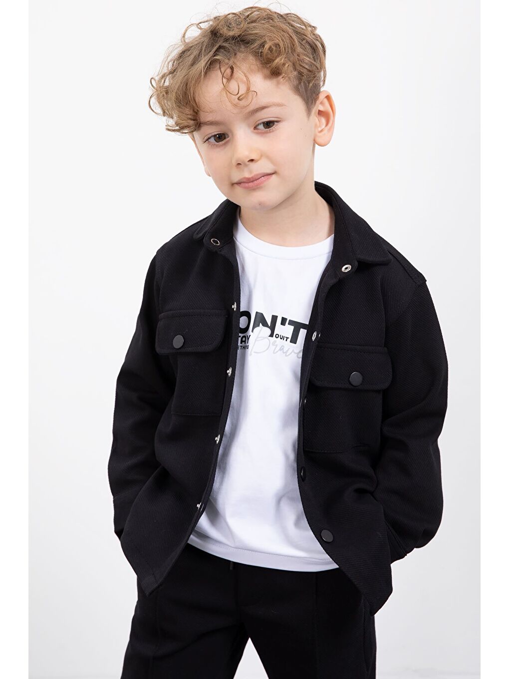 Siyah Çıtçıtlı Gömlekli Erkek Çocuk 3lü Tişörtlü Takım 23378-1