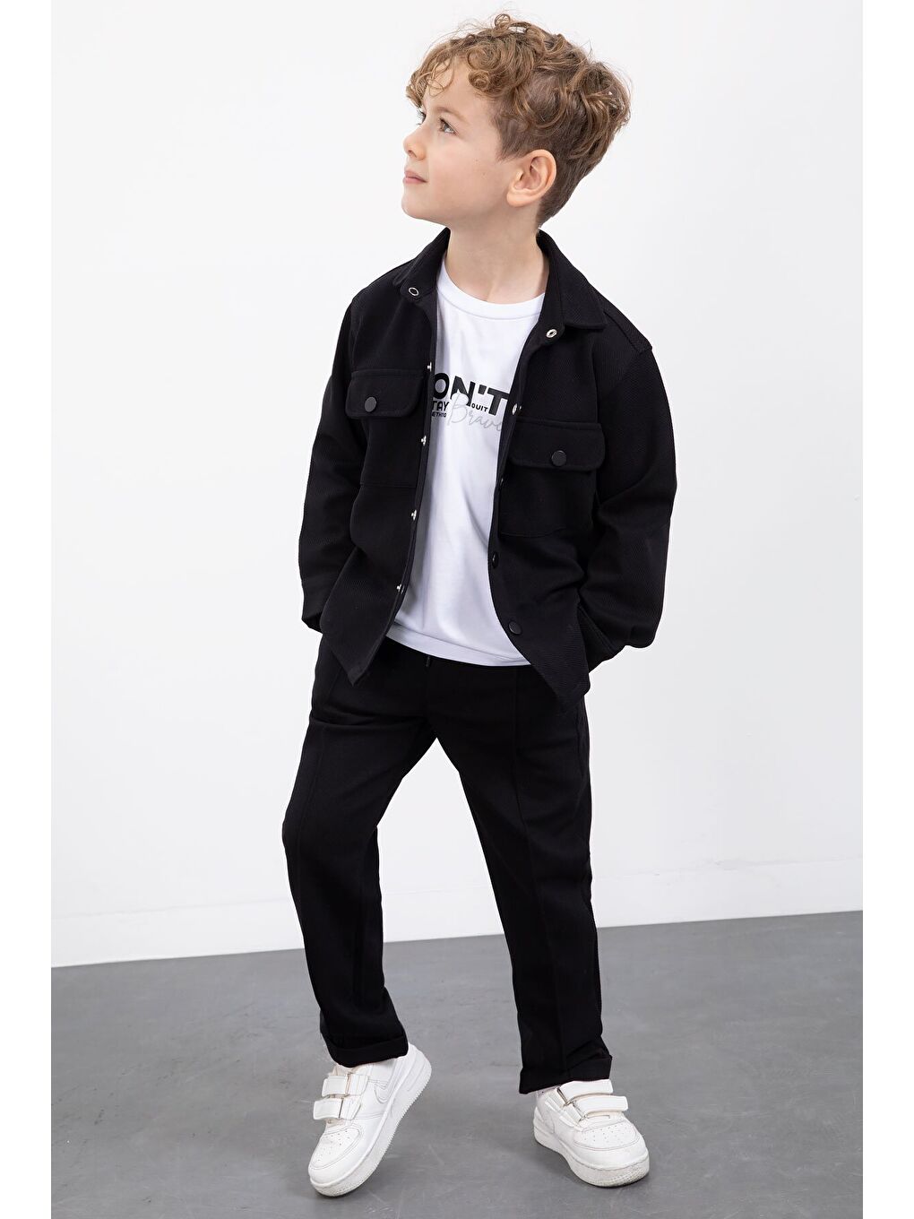 Siyah Çıtçıtlı Gömlekli Erkek Çocuk 3lü Tişörtlü Takım 23378-2