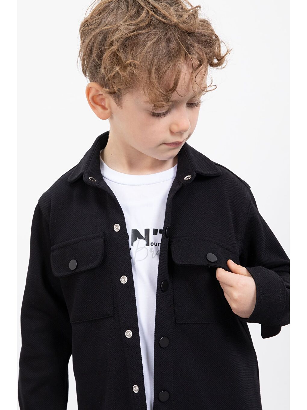 Siyah Çıtçıtlı Gömlekli Erkek Çocuk 3lü Tişörtlü Takım 23378-3