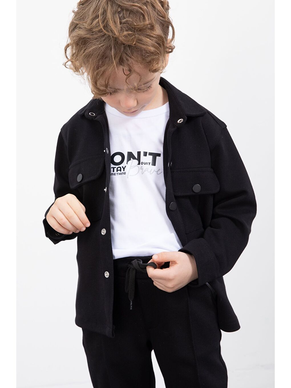 Siyah Çıtçıtlı Gömlekli Erkek Çocuk 3lü Tişörtlü Takım 23378-4