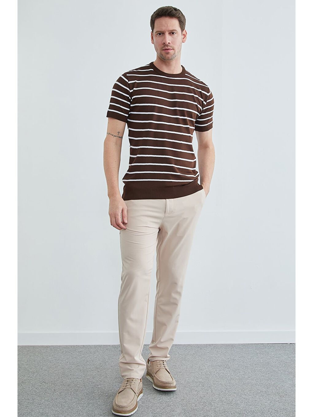 Bej Beli Bağcıklı Lastikli Pantolon-1