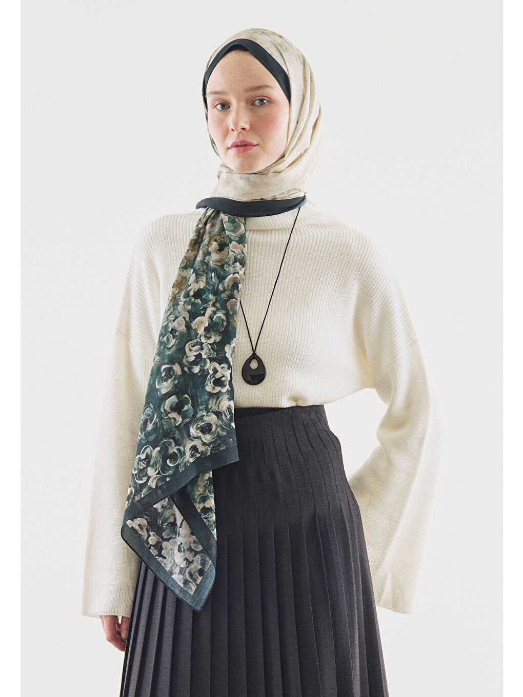 Yeşil PEARLIE DESENLİ PAMUK VİSKON ŞAL KOYU YEŞİL-3