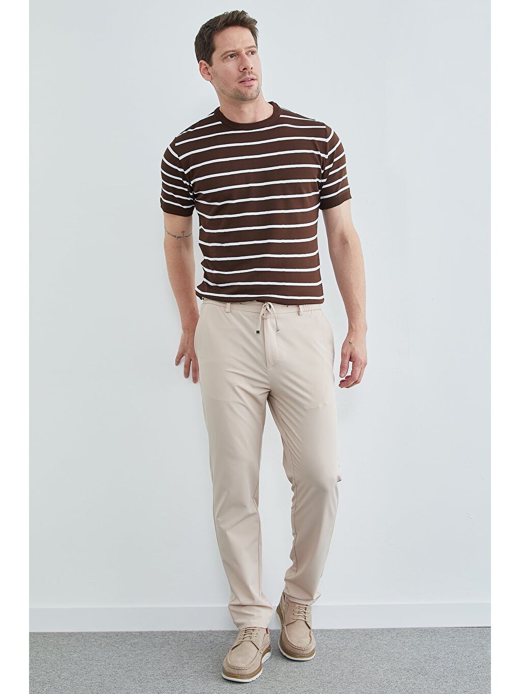 Bej Beli Bağcıklı Lastikli Pantolon-2