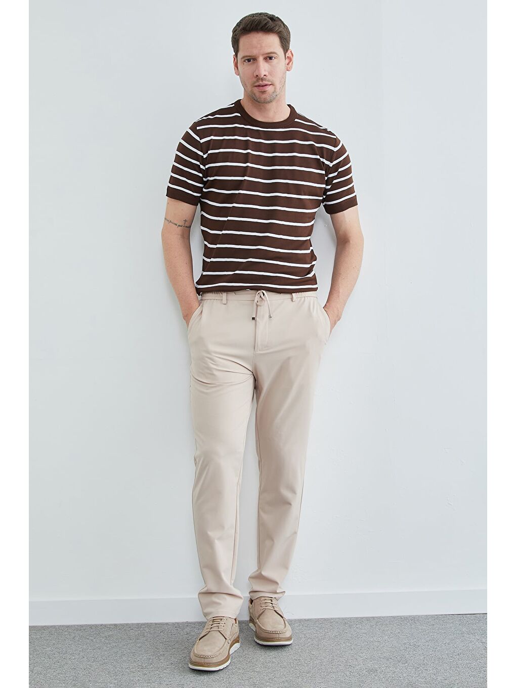 Bej Beli Bağcıklı Lastikli Pantolon-3