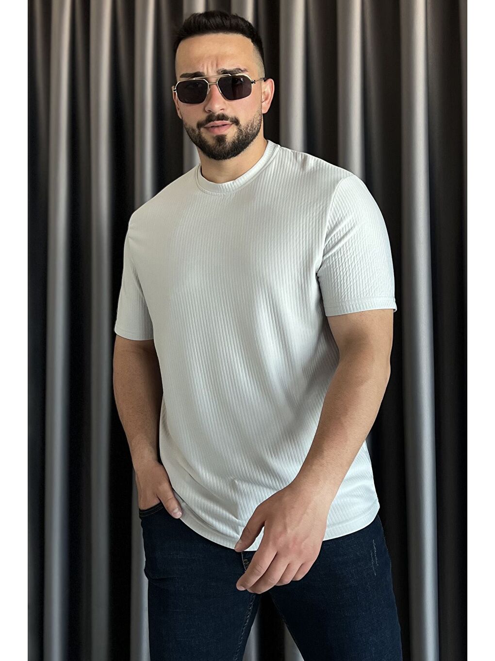 Gri Kendinden Desenli Bisiklet Yaka Erkek Tişört