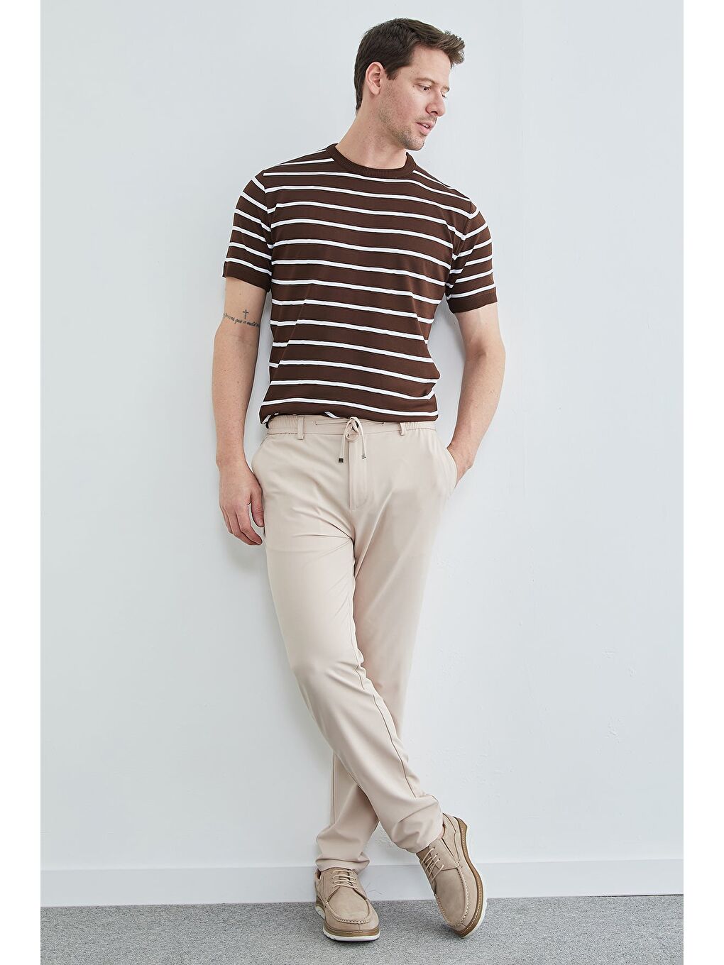 Bej Beli Bağcıklı Lastikli Pantolon-4