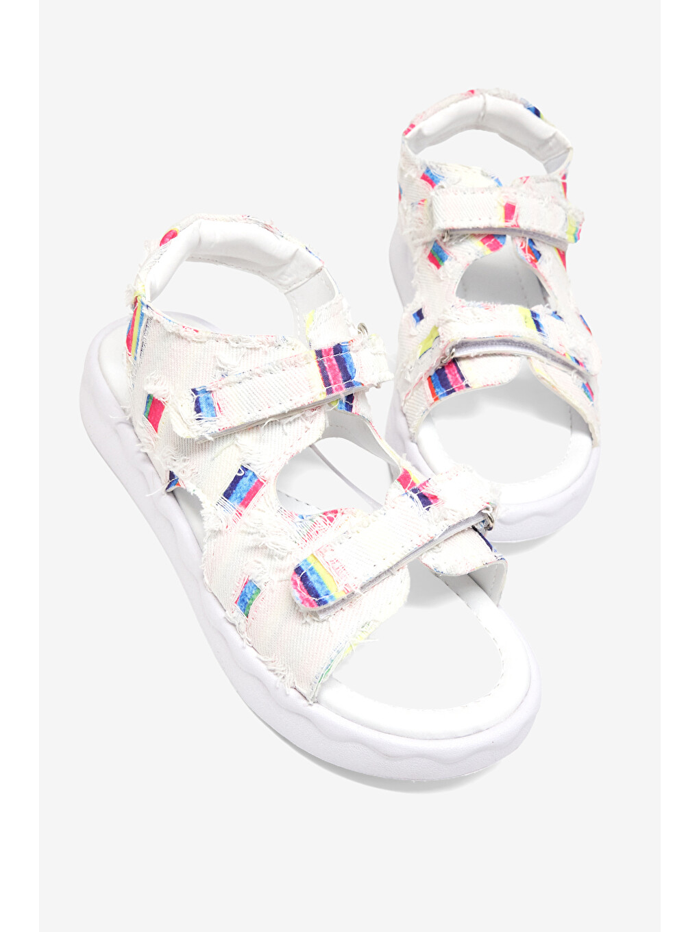 Çocuk Unisex Beyaz Rahat Kalıp Renk Desenli Çift Cırtlı Sandalet-1