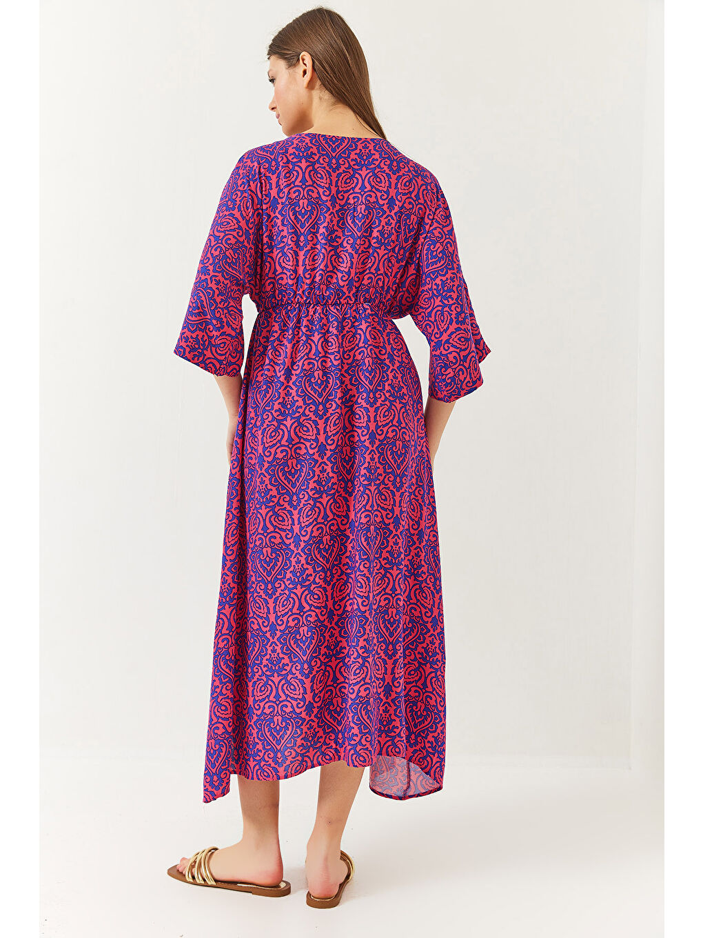 Mor Kadın Kruvaze V Yaka Önden Yırtmaç Detaylı Desenli Elbise-6