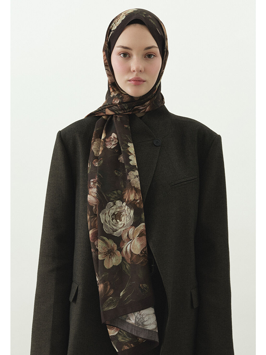 Kahverengi ROSINE DESENLİ PAMUK VİSKON ŞAL KAHVE-2