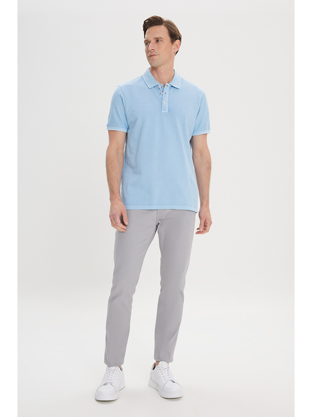 Erkek Açık Mavi Slim Fit Dar Kesim %100 Pamuk Polo Yaka Tişört-1