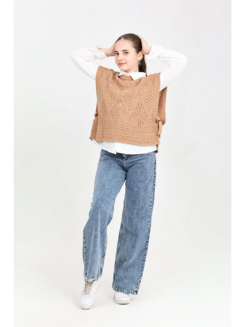 Kahverengi Kız Çocuk 3'lü Jean Takım (Pantolon+Gömlek+Triko Yelek) 5-15 Yaş 12545-1