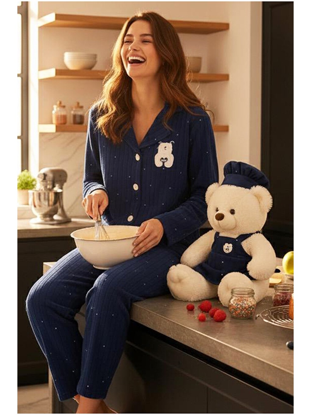 Lacivert Fitilli Düğmeli Polar Örme Pijama Takım 7923-2