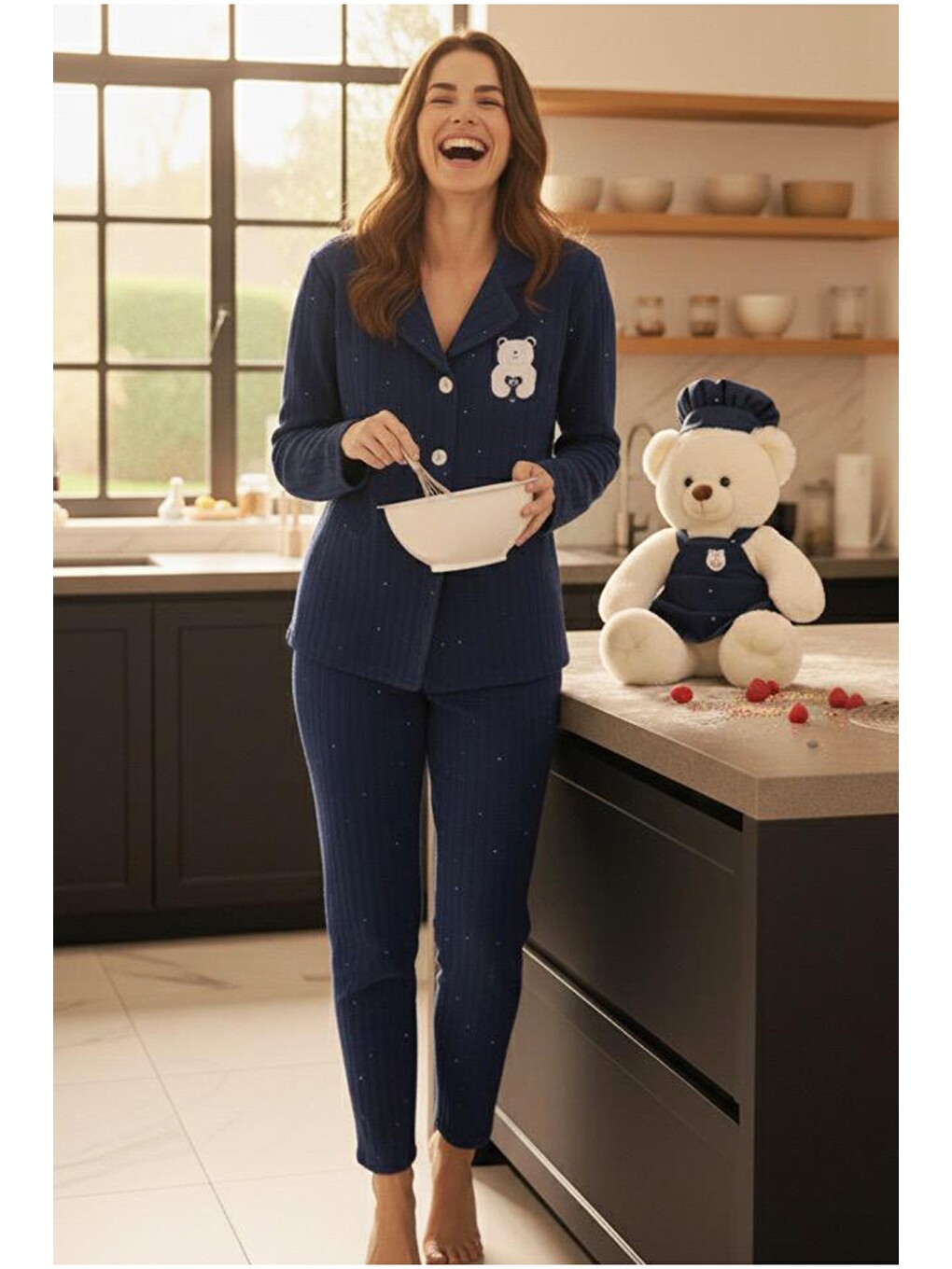 Lacivert Fitilli Düğmeli Polar Örme Pijama Takım 7923-3