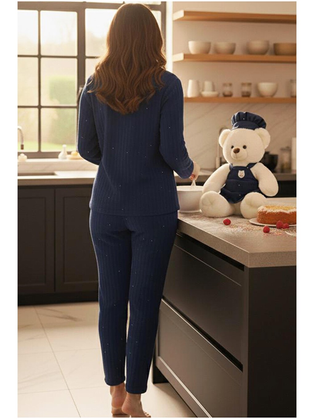 Lacivert Fitilli Düğmeli Polar Örme Pijama Takım 7923-4