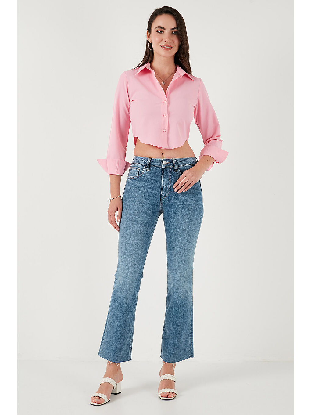 Pembe Pamuk Karışımlı Slim Fit Uzun Kollu Crop Gömlek 6777336-3