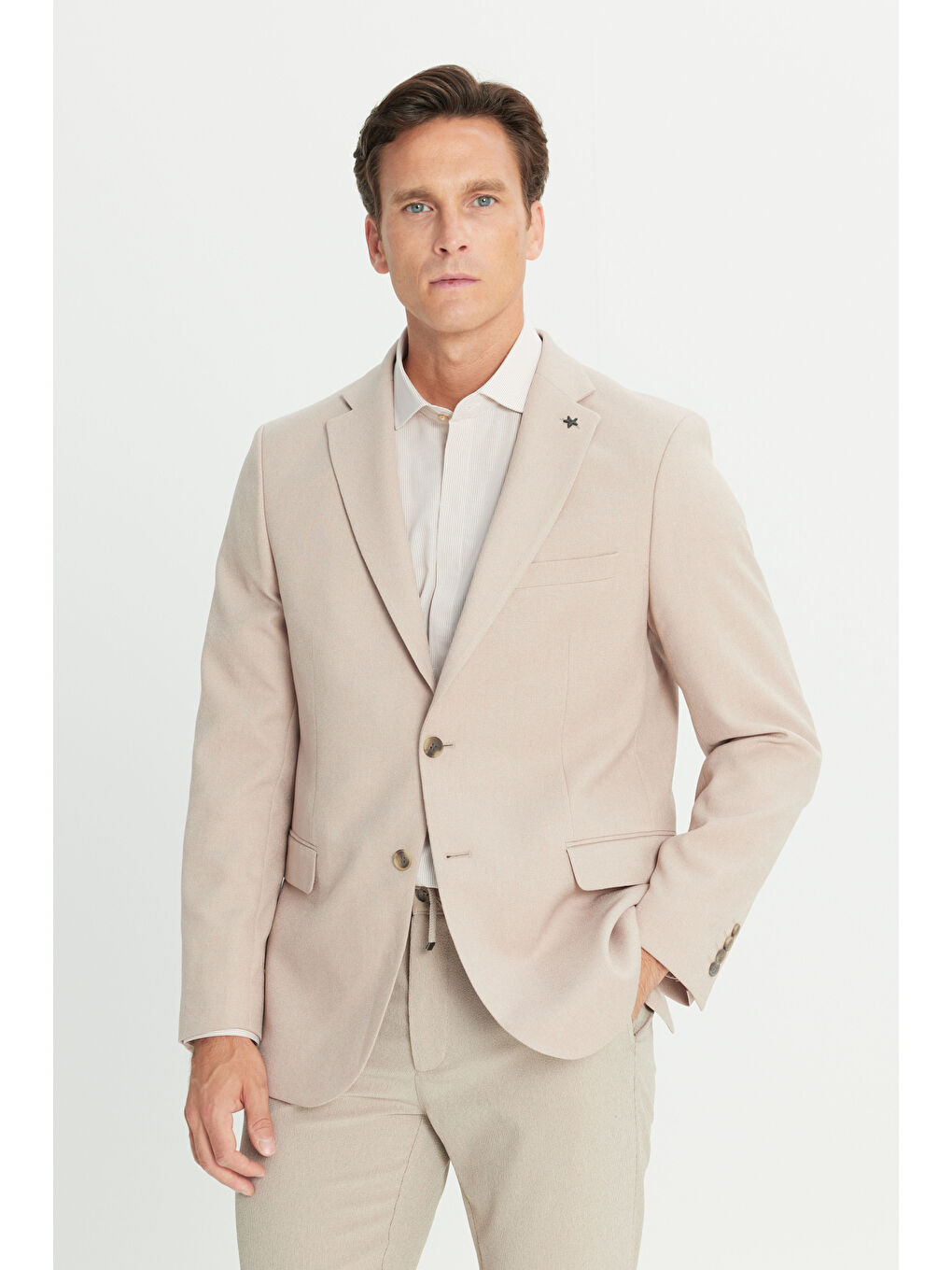 Erkek Bej Dar Kesim Mono Yaka Kapak Cepli Blazer Ceket-3