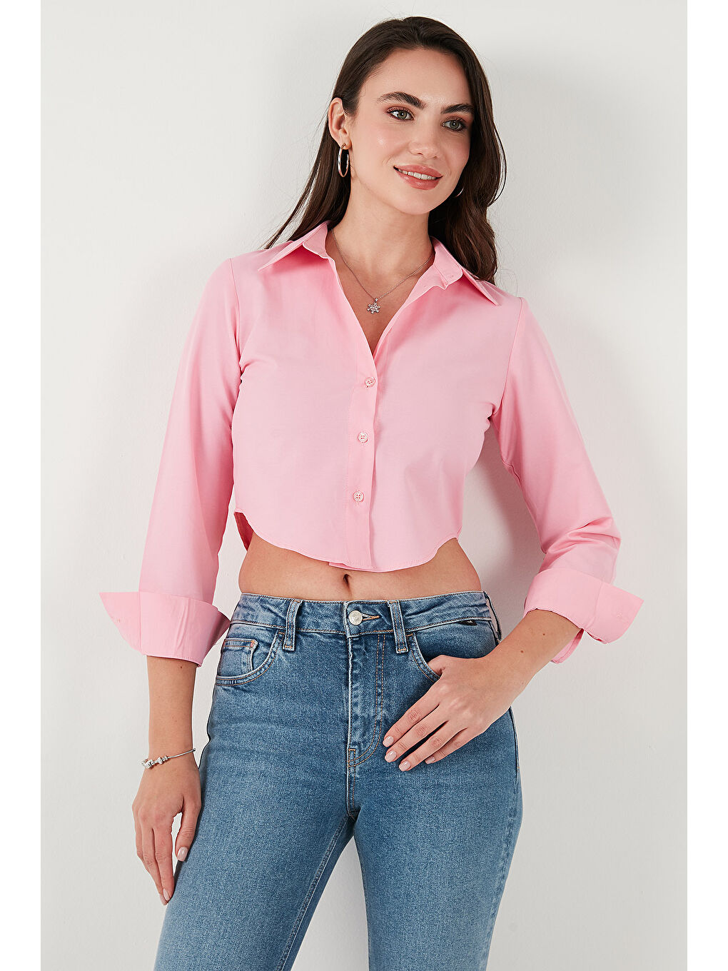 Pembe Pamuk Karışımlı Slim Fit Uzun Kollu Crop Gömlek 6777336-4