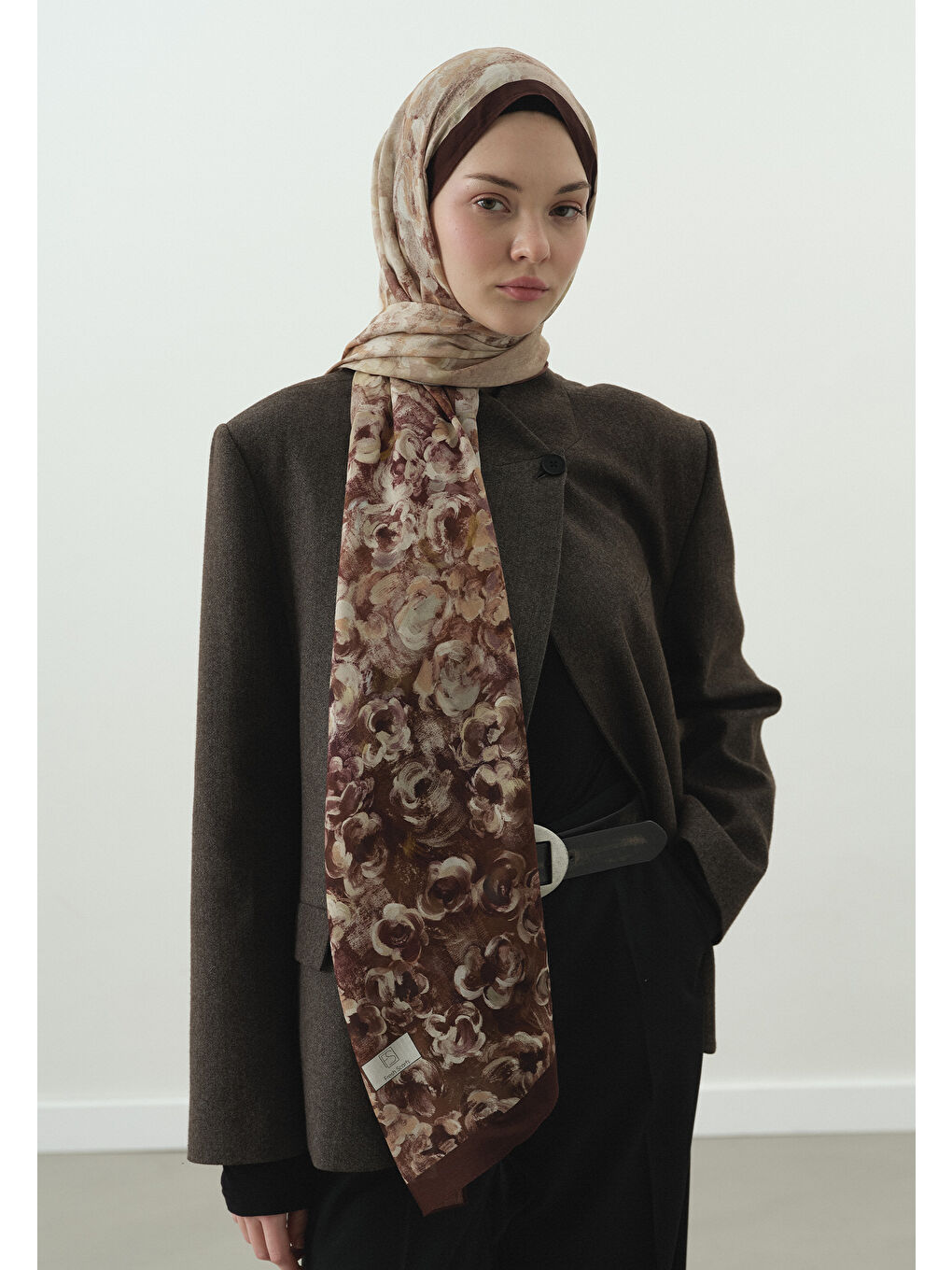 Kahverengi PEARLIE DESENLİ PAMUK VİSKON ŞAL KİREMİT