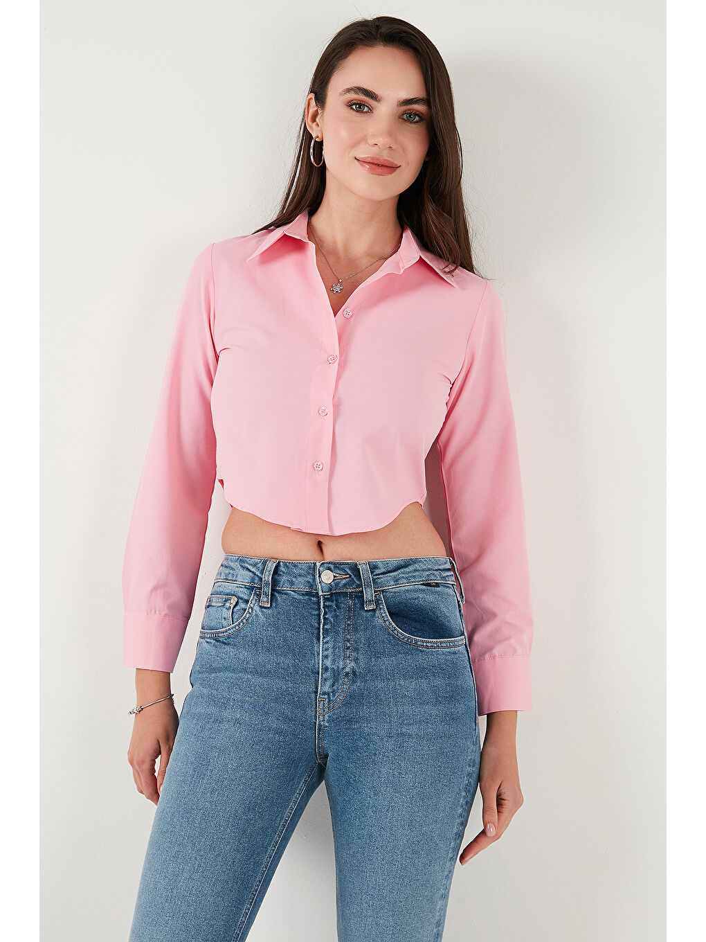 Pembe Pamuk Karışımlı Slim Fit Uzun Kollu Crop Gömlek 6777336-5