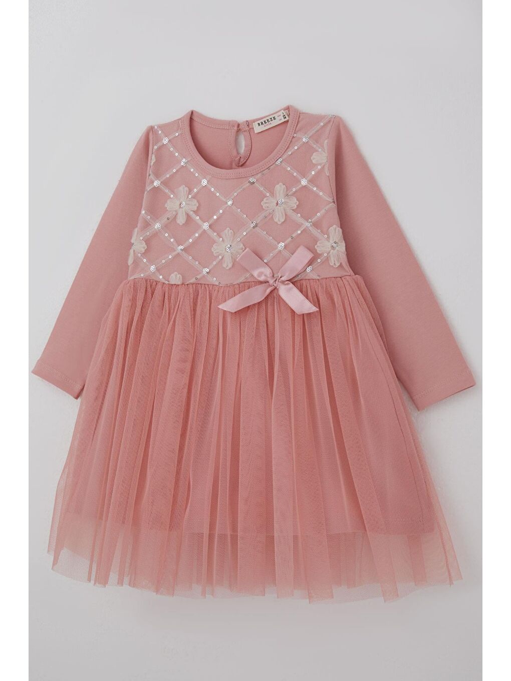 Pembe Kız Çocuk Uzun Kollu Elbise Pullu Tüllü Çiçek Aksesuarlı Gülkurusu (1.5-5 Yaş)-2