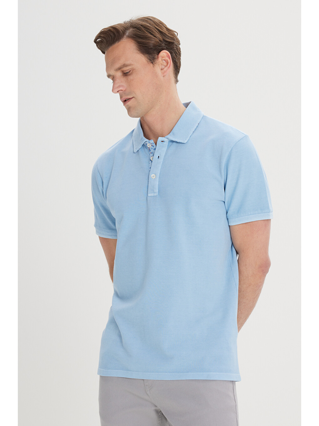 Erkek Açık Mavi Slim Fit Dar Kesim %100 Pamuk Polo Yaka Tişört-2