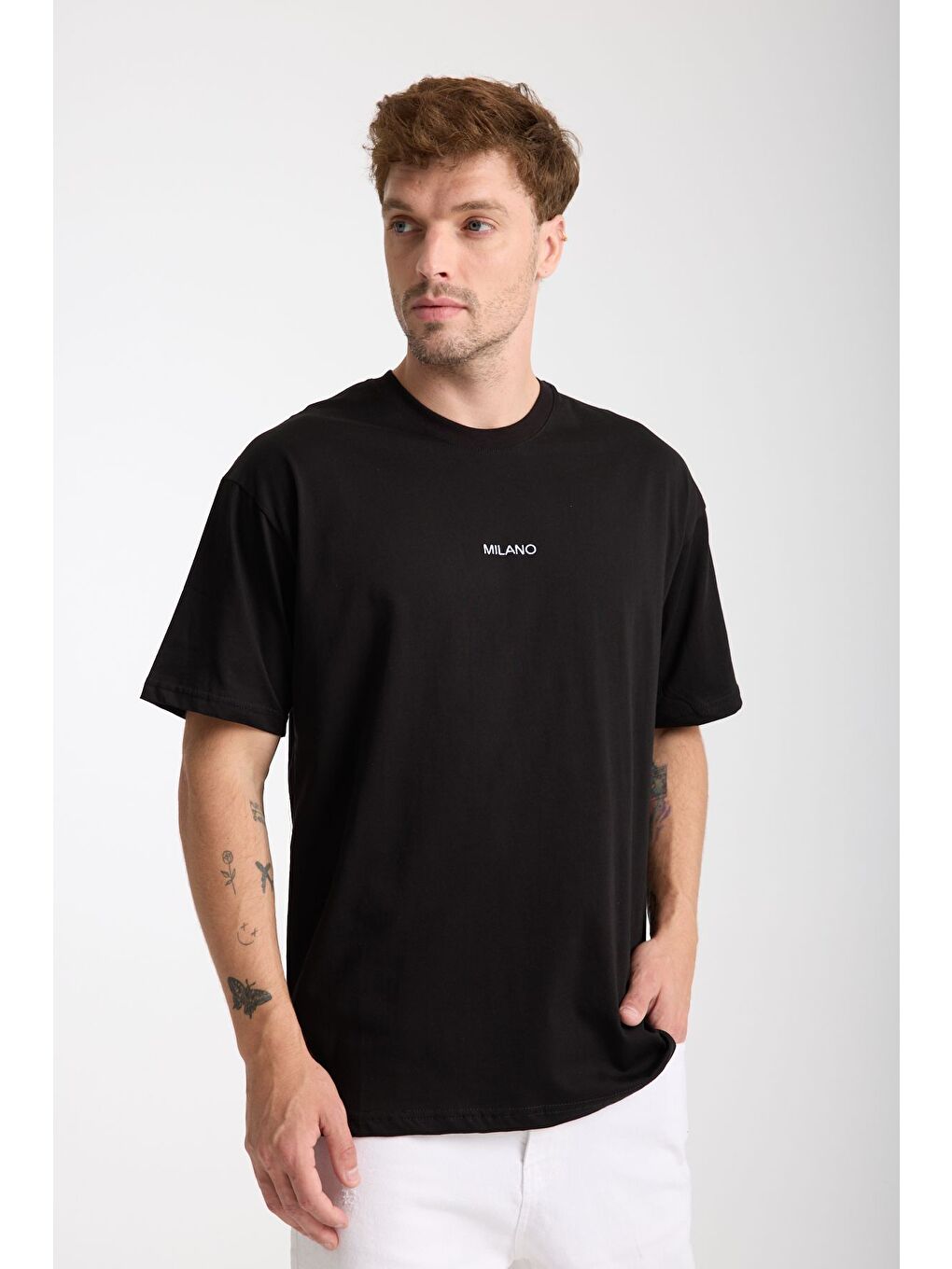 Erkek Siyah Milano Nakış Yazılı Oversize Bisiklet Yaka Tişört-3