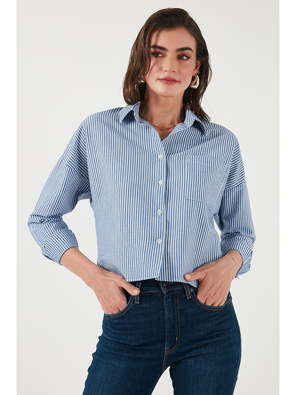 İndigo Regular Fit Çizgili Göğüs Cepli Dokulu Gömlek 6772870-1