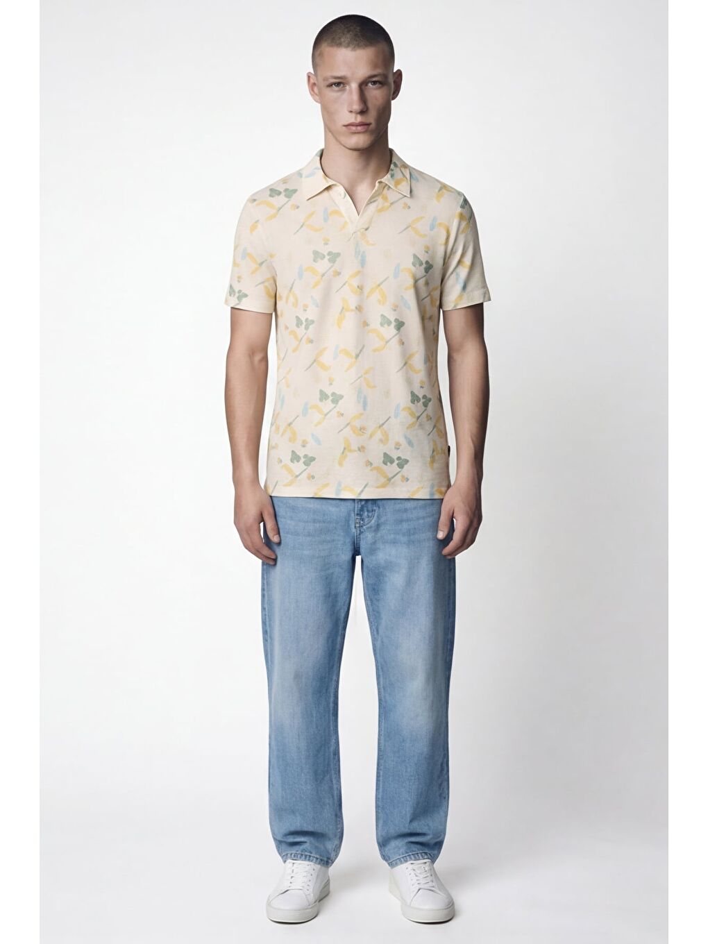 Giotelli Erkek Ekru Dar Kesim Slim Fit Desenli Kısa Kollu Polo Yaka Tişört-1