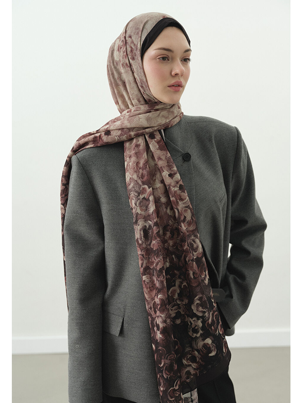 Mürdüm PEARLIE DESENLİ PAMUK VİSKON ŞAL MÜRDÜM-3