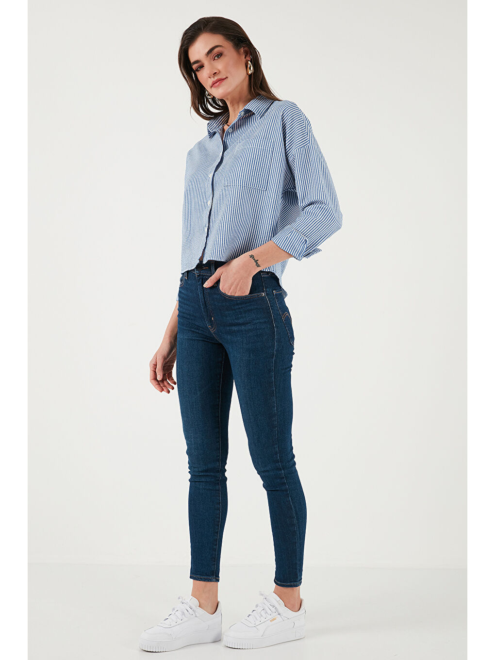 İndigo Regular Fit Çizgili Göğüs Cepli Dokulu Gömlek 6772870-2