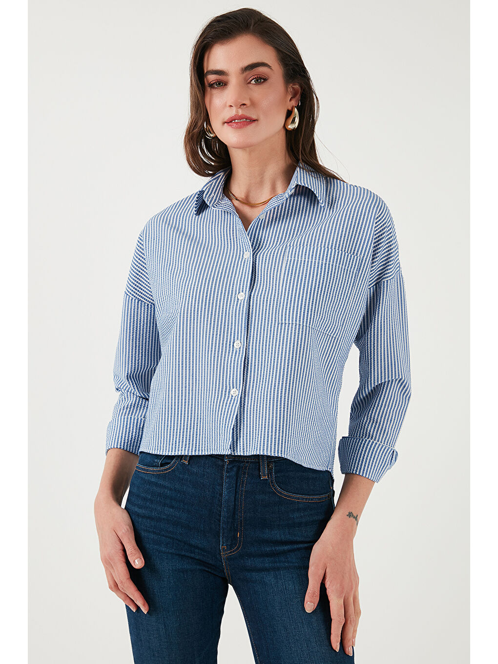 İndigo Regular Fit Çizgili Göğüs Cepli Dokulu Gömlek 6772870-3