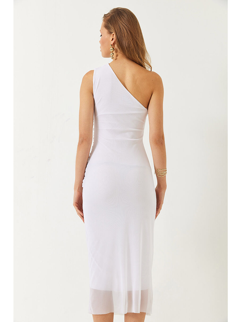 Beyaz Kadın Astarlı Seyyar Gül Aksesuarlı Midi Boy Tül Elbise-7