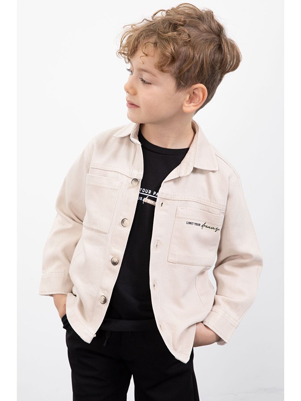 Ekru Krem Yazılı Düğmeli Gömlekli Erkek Çocuk Pantolonlu 3lü Takım 23370-4