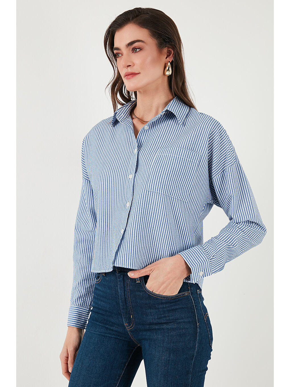 İndigo Regular Fit Çizgili Göğüs Cepli Dokulu Gömlek 6772870-5