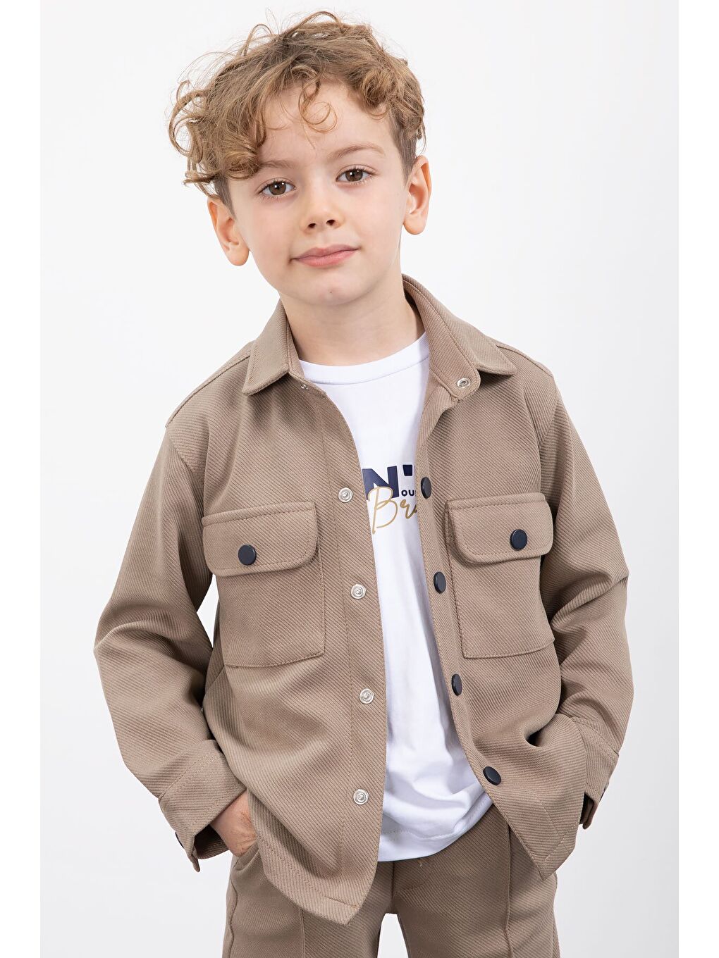 Kahverengi Çıtçıtlı Gömlekli Erkek Çocuk 3lü Tişörtlü Takım 23382-1