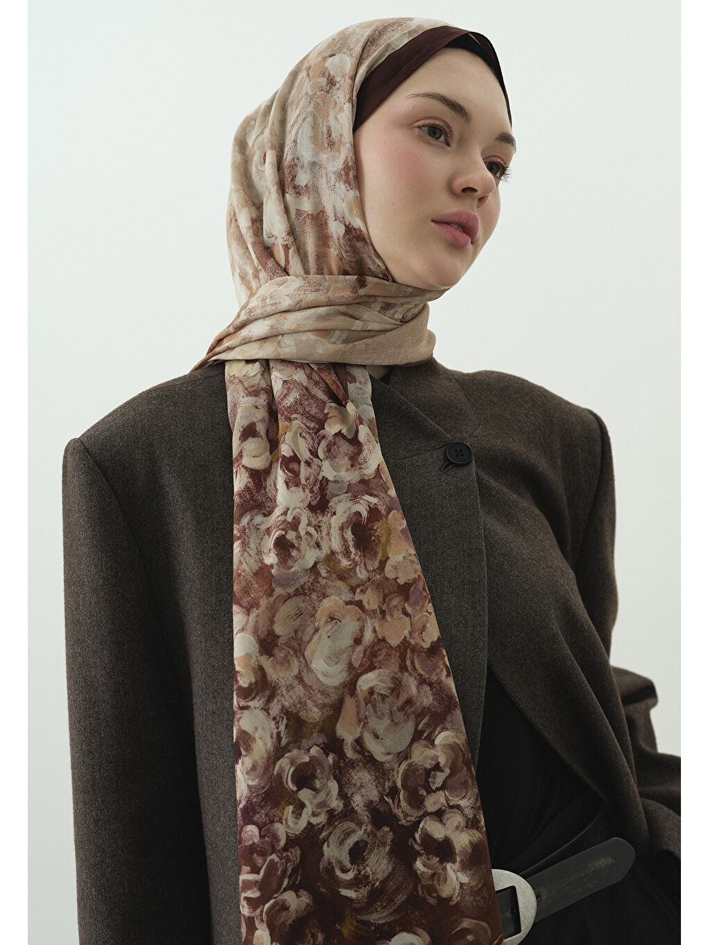 Kahverengi PEARLIE DESENLİ PAMUK VİSKON ŞAL KİREMİT-1