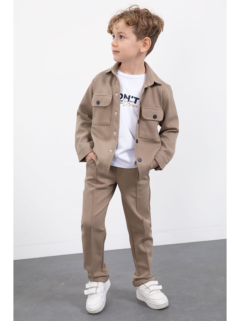 Kahverengi Çıtçıtlı Gömlekli Erkek Çocuk 3lü Tişörtlü Takım 23382-2