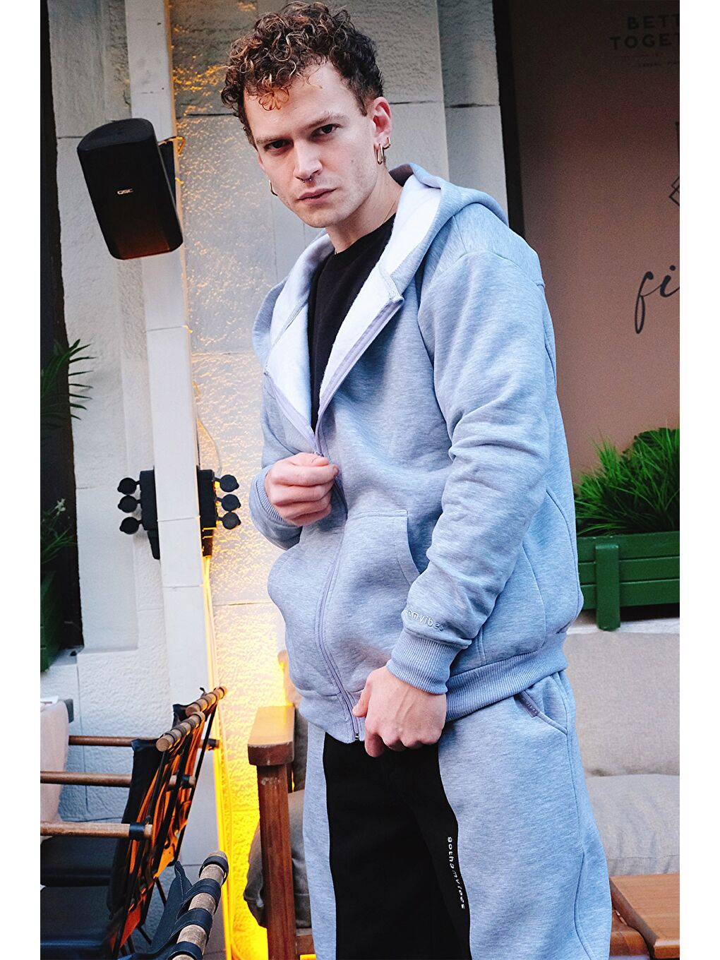 Erkek Oversize Fermuarlı Kapüşonlu Gri Sweatshirt-1